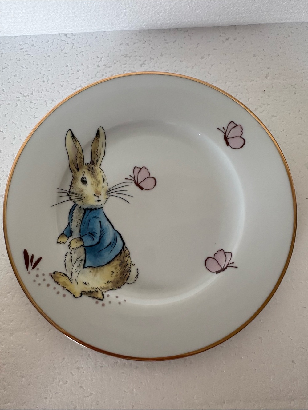 Porcelain Bunny Motif Salad Plate with Gold Rim QTY 6 — White, Blue & Pink - Picture 2 of 3